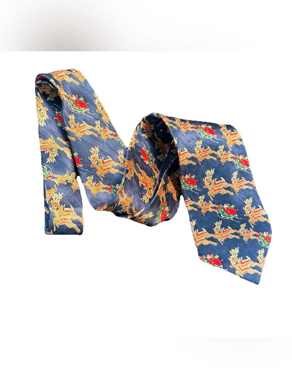 St. Nickolaus Santa And‎ His Reindeer Sleigh Christmas 100% Silk Navy Multicolor